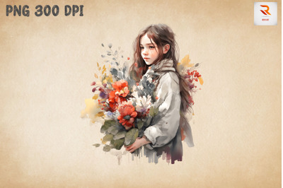 Cute Girl With Bouquet Watercolor 19
