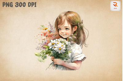 Cute Girl With Bouquet Watercolor 20