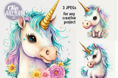 Sweet Girl Unicorn Floral Wall Art Baby Images Watercolor Print 3JPEGs