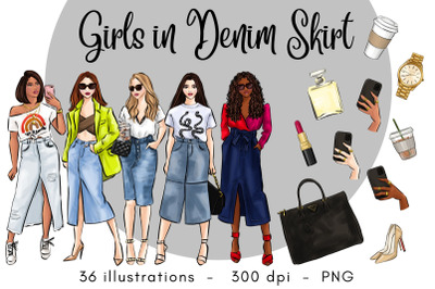 Girls in Denim Skirt fashion clipart