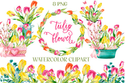 Watercolor tulip flower clipart. Bouquets, wreath