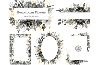 Black and White Watercolor Floral Frame Clipart. Monochrome and golden