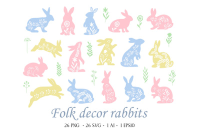 Easter rabbits SVG, Folk style decor, Floral Spring clip art