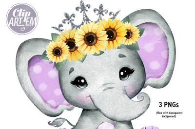 Sunflower Purple Princess Elephant 3 PNGs Watercolor Images Clip Art
