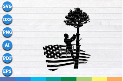 Tree Trimmer on USA Grunge Flag with Pine Tree, USA Arborist
