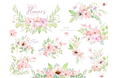 Watercolor Pink Floral Bouquets Clipart, Watercolor Spring Arrangement