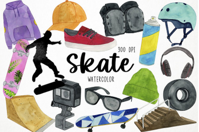 Watercolor Skate Clipart, Skateboard Clipart, Urban Clipart, Skater