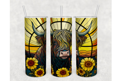 Stained Glass Highland Cow Tumbler Wrap, Highland Cow With Sunflowers