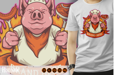 Funny chef pig delicious meat bbq logo cartoon illustrations