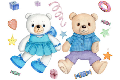 Teddy Bears. Celebration. Happy Holiday. Watercolor illustrations.