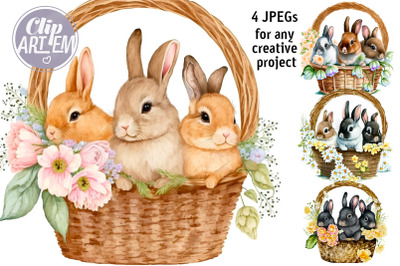 Basket with Bunnies Flowers Watercolor 4JPEG Illustration Image Bundle