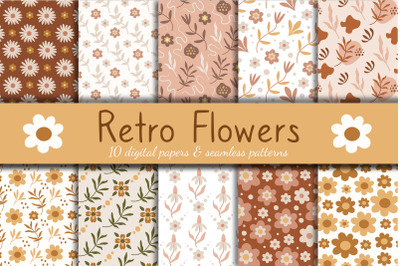 Retro Flowers digital papers &amp; seamless patterns
