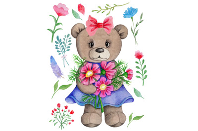 Teddy Bear. Summer flowers. Watercolor hand painted art. Illustration.
