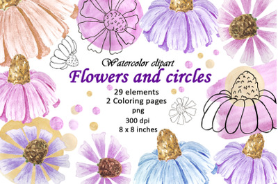 Watercolor Flowers Fill Circles Clipart PNG JPG