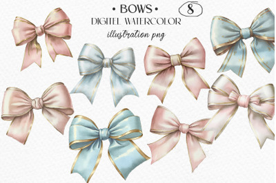 Watercolor bows, pink and blue holiday bows illustration