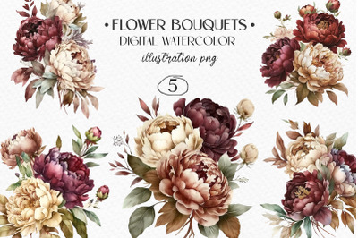 Watercolor bouquets of peonies, spring flowers, floral bouquet. Digit