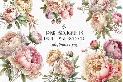 Watercolor bouquets of peonies, spring flowers, floral bouquet. Digit