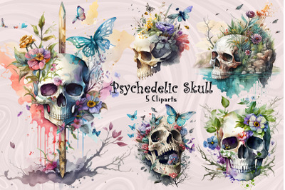 Psychedelic Floral Skull Cliparts Bundle