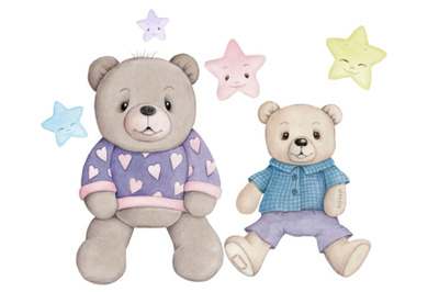 Two fun Teddy Bears with stars. Watercolor hand painted illustration.