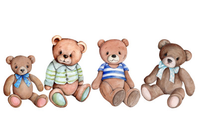 4 Retro Teddy Bears, sitting. Watercolor hand drawn art.