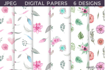 &nbsp;Floral Digital Papers Bundle | Pink Flowrs Seamless Pattern