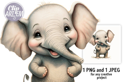 Happy Gender Neutral  Baby Elephant Watercolor Clip Art Wall Art Set