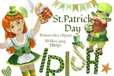St.Patrick day, leprechauns, watercolor clipart