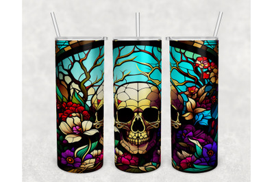 Stained Glass Skull With Flowers Tumbler Wrap, Skull Tumbler PNG