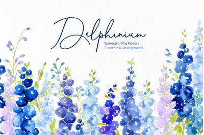 Watercolor Blue Delphinium Flowers