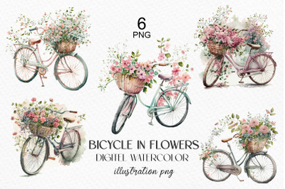 Watercolor set of bicycles with flowers, spring bicycle, hello spring