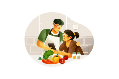 Couples preparing food at home