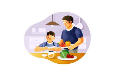 Father and son cook together in the kitchen