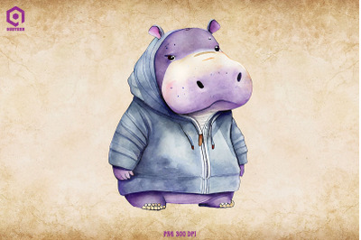 Hippopotamus Wearing Hoodie Watercolor