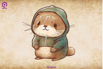 Otter Wearing Hoodie Watercolor