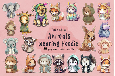 Cute Animals wearing Hoodie watercolor Clipart Bundle