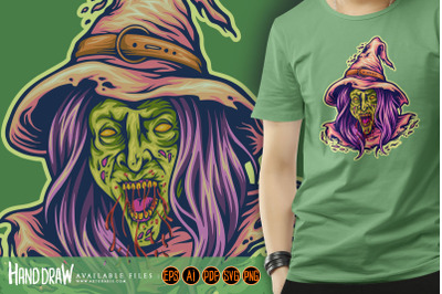 Evil witch monster head logo cartoon illustrations