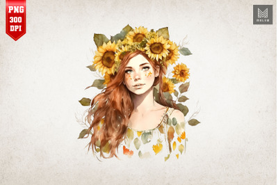 Beautiful Girl With Sunflowers