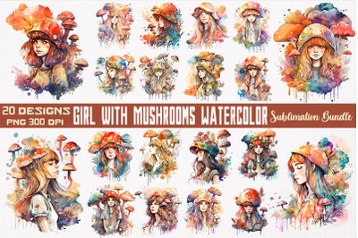 Cute Girl &amp; Mushrooms Watercolor Bundle