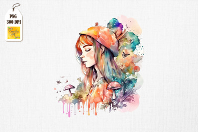 Cute Girl &amp; Mushrooms Watercolor 4