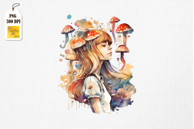 Cute Girl &amp; Mushrooms Watercolor 6