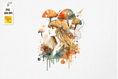 Cute Girl &amp; Mushrooms Watercolor 12