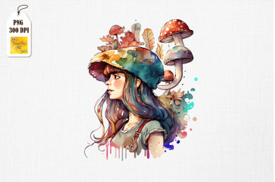 Cute Girl &amp;amp; Mushrooms Watercolor 14