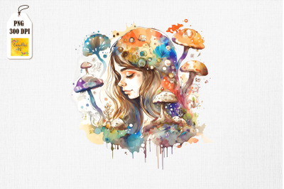 Cute Girl &amp; Mushrooms Watercolor 20