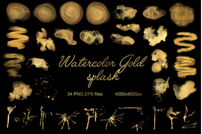 Gold sublimation,PNG,EPS clipart.Watercolor metallic splash