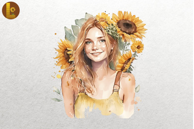 Girl With Sunflowers Watercolor