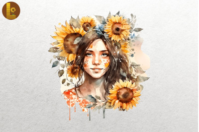 Girl With Sunflowers Watercolor 2