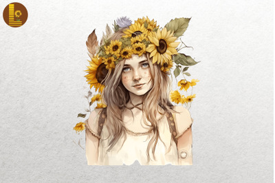 Girl With Sunflowers Watercolor 3