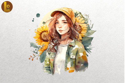 Girl With Sunflowers Watercolor 5