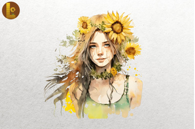 Girl With Sunflowers Watercolor 7