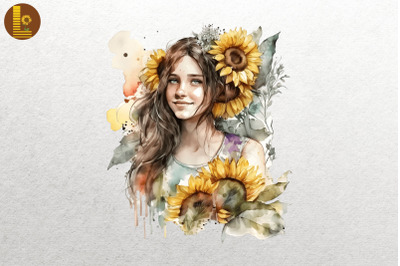 Girl With Sunflowers Watercolor 14